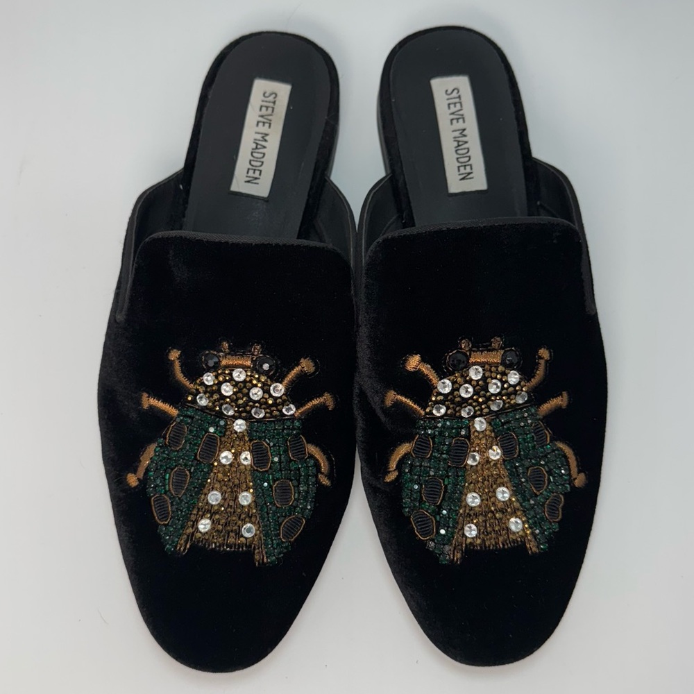 Steve Madden Velvet Beetle Embellished Mule Loafers Black Size 9 - Picture 2 of 5
